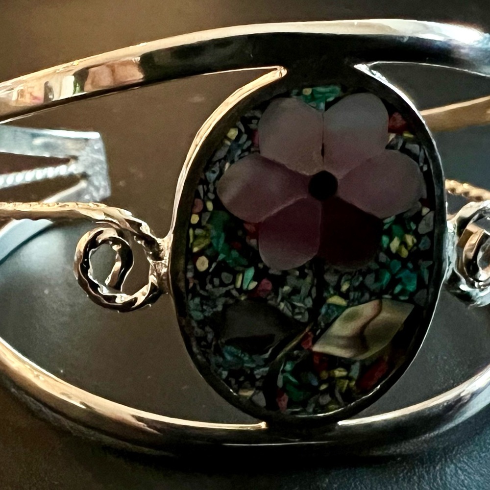 Silver and Pink Floral Mosaic Bracelet